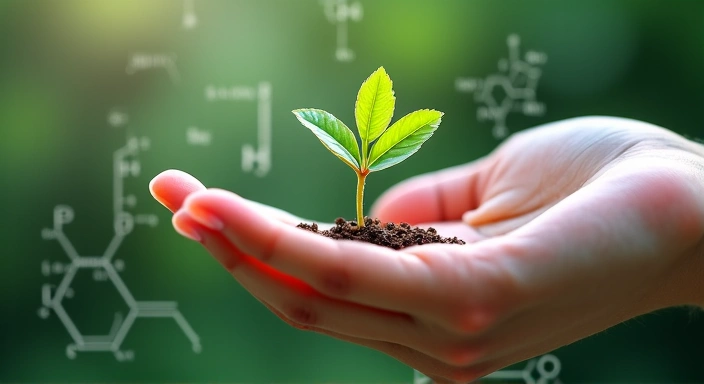 Hand holding a plant sprout, with scientific formulas overlaid