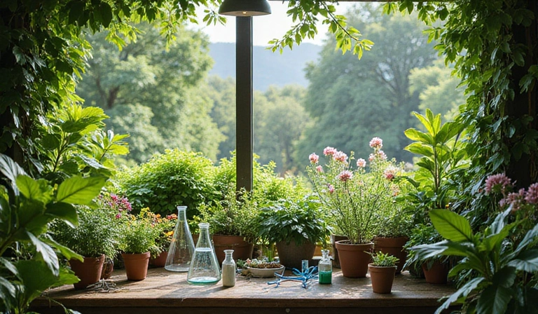 Lush green botanical garden with scientific instruments
