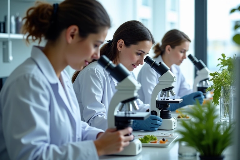 Scientists examining botanical samples in a lab