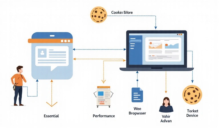 Illustration of various types of cookies and their functions on a website