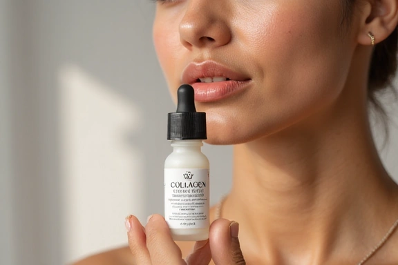Collagen serum bottle with glowing skin background
